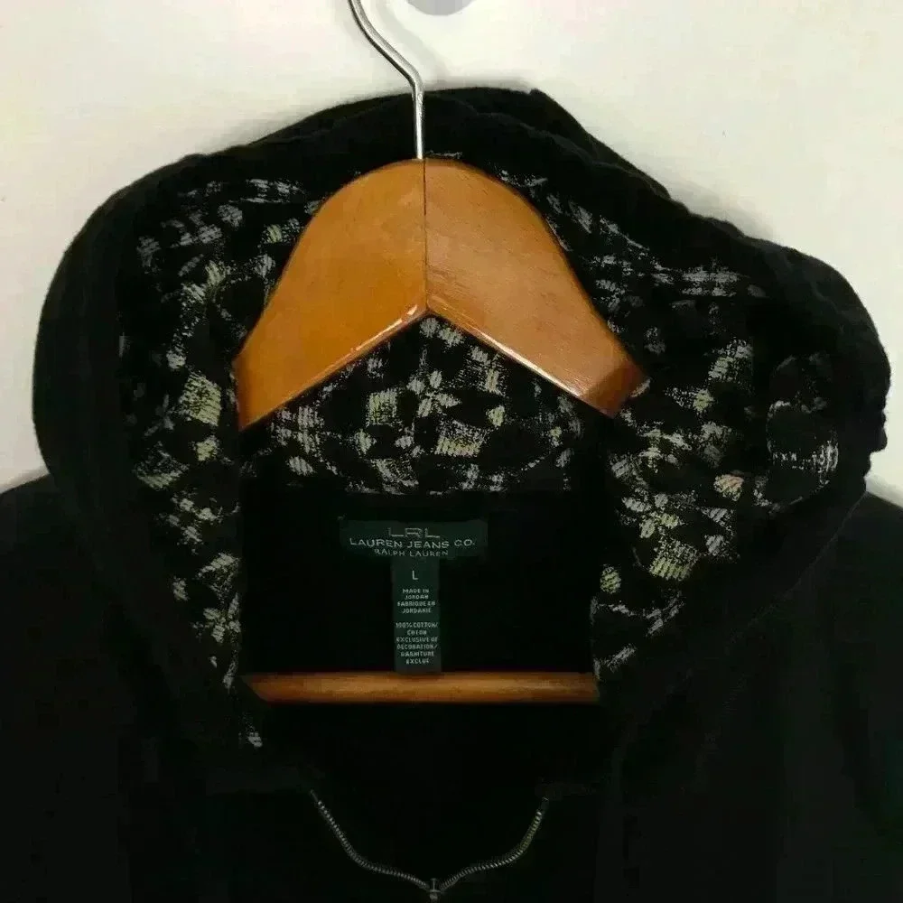 LRL Lauren Jeans Women Large Black Tan Zip Jacket - Picture 5 of 8